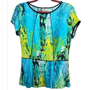 Worthington Blue‎ Green Peplum Snakeskin Print Top Short Sleeve - Small